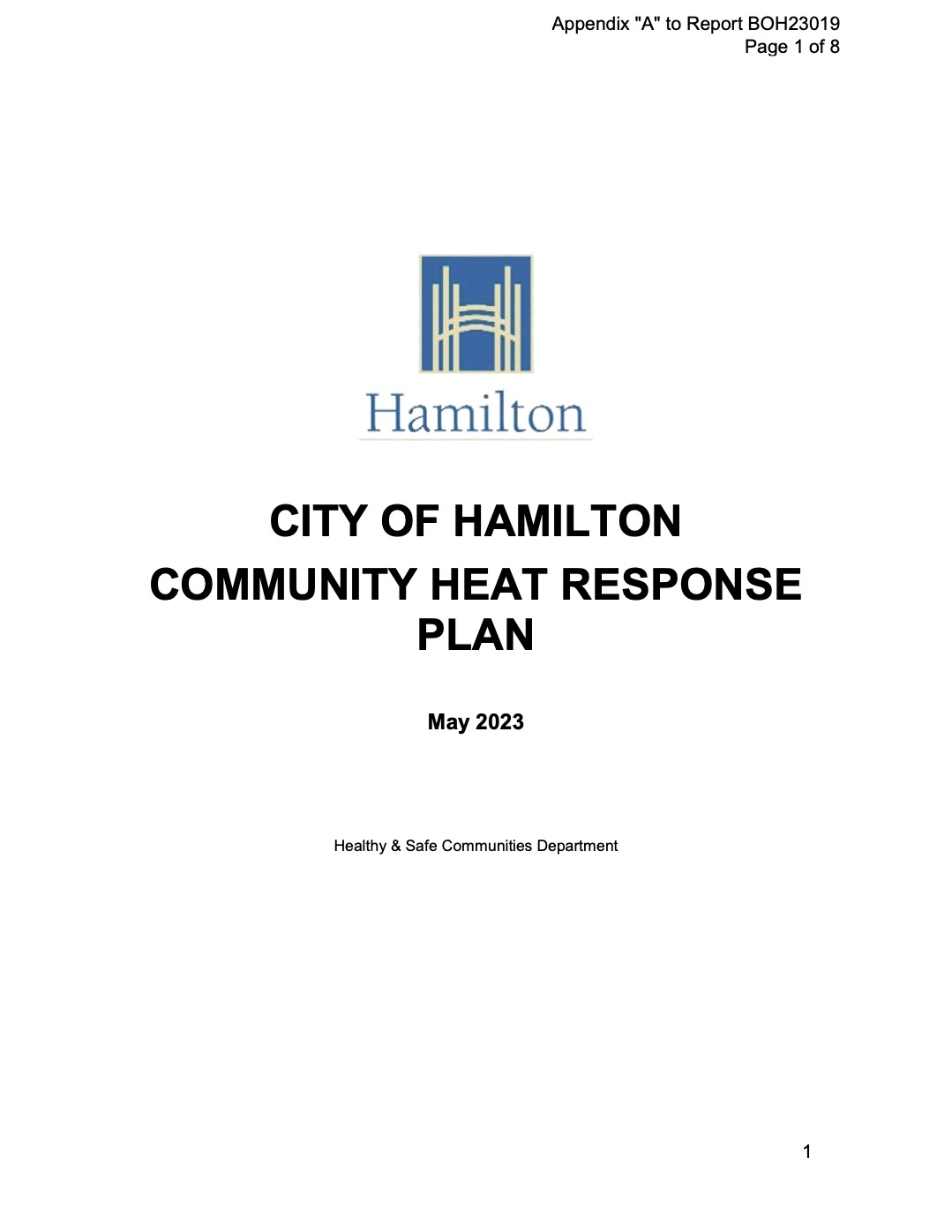 City of Hamilton Community Heat Response Plan