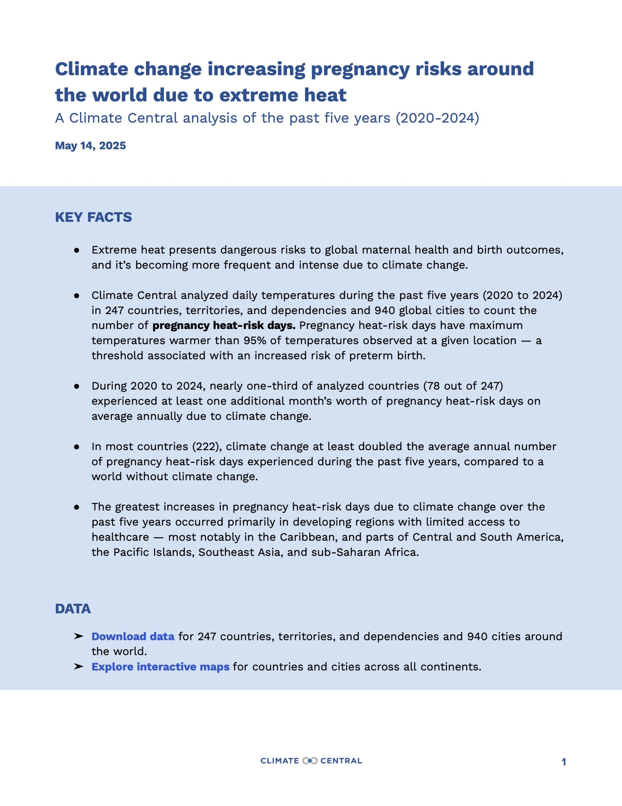 Climate change increasing pregnancy risks around the world due to extreme heat – A Climate Central analysis of the past five years (2020-2024)