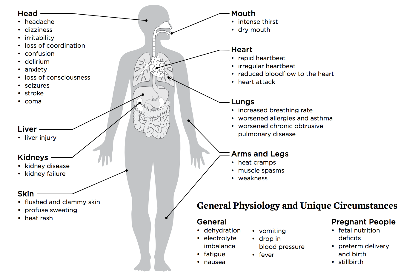 A diagram displaying how heat affects each area of our bodies.