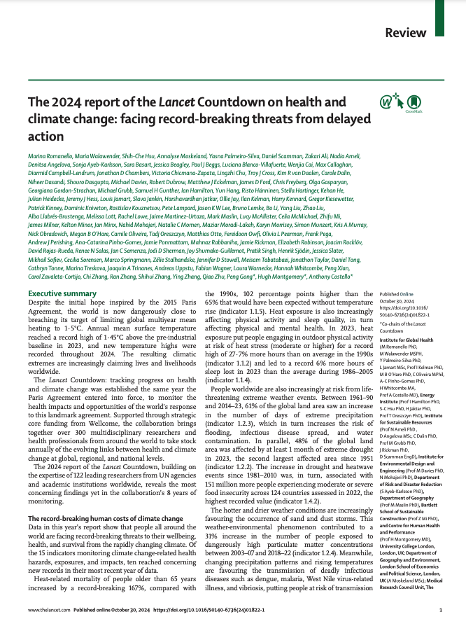 The 2024 report of the Lancet Countdown on health and climate change: facing record-breaking threats from delayed action